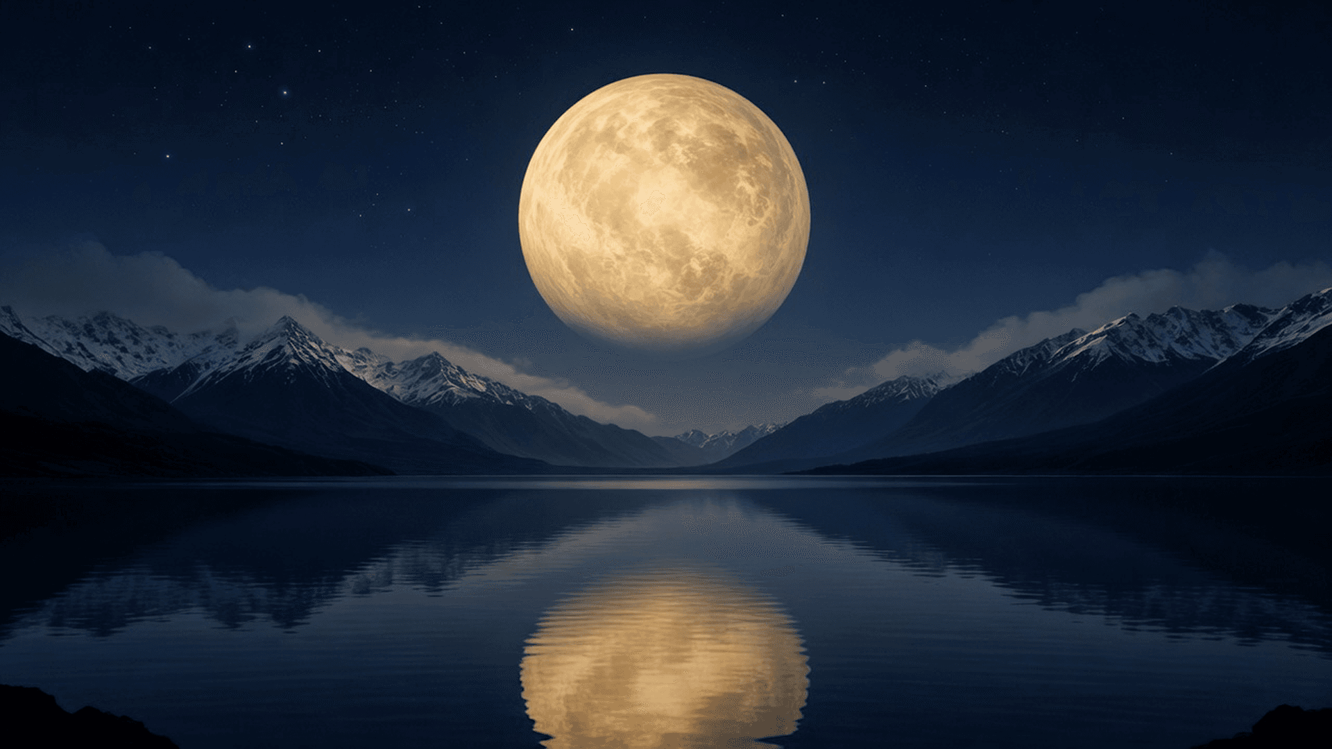 A huge silver planet rising over a mountain lake.