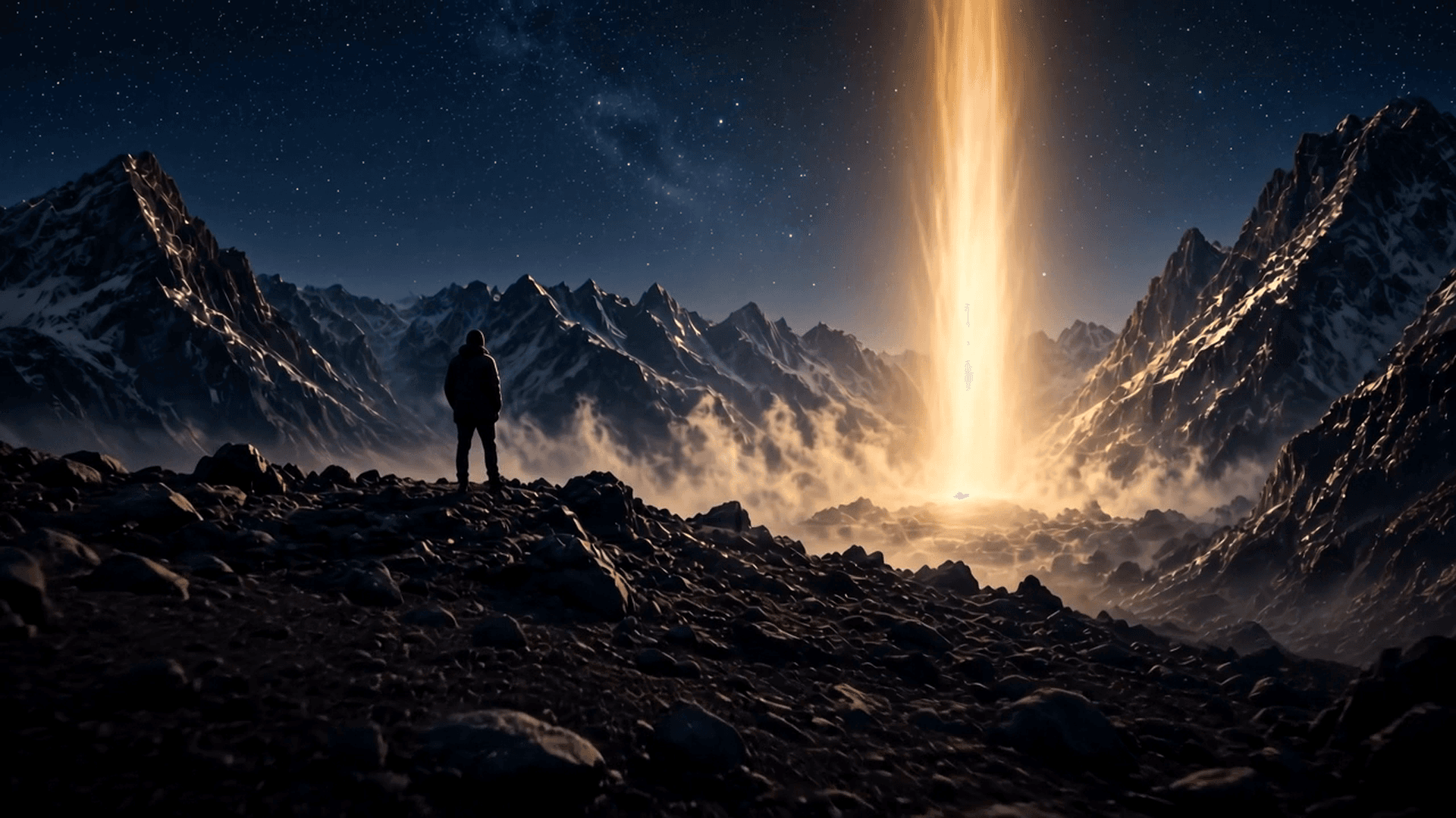 Distant mountains at night with a faint beam of light on the horizon.