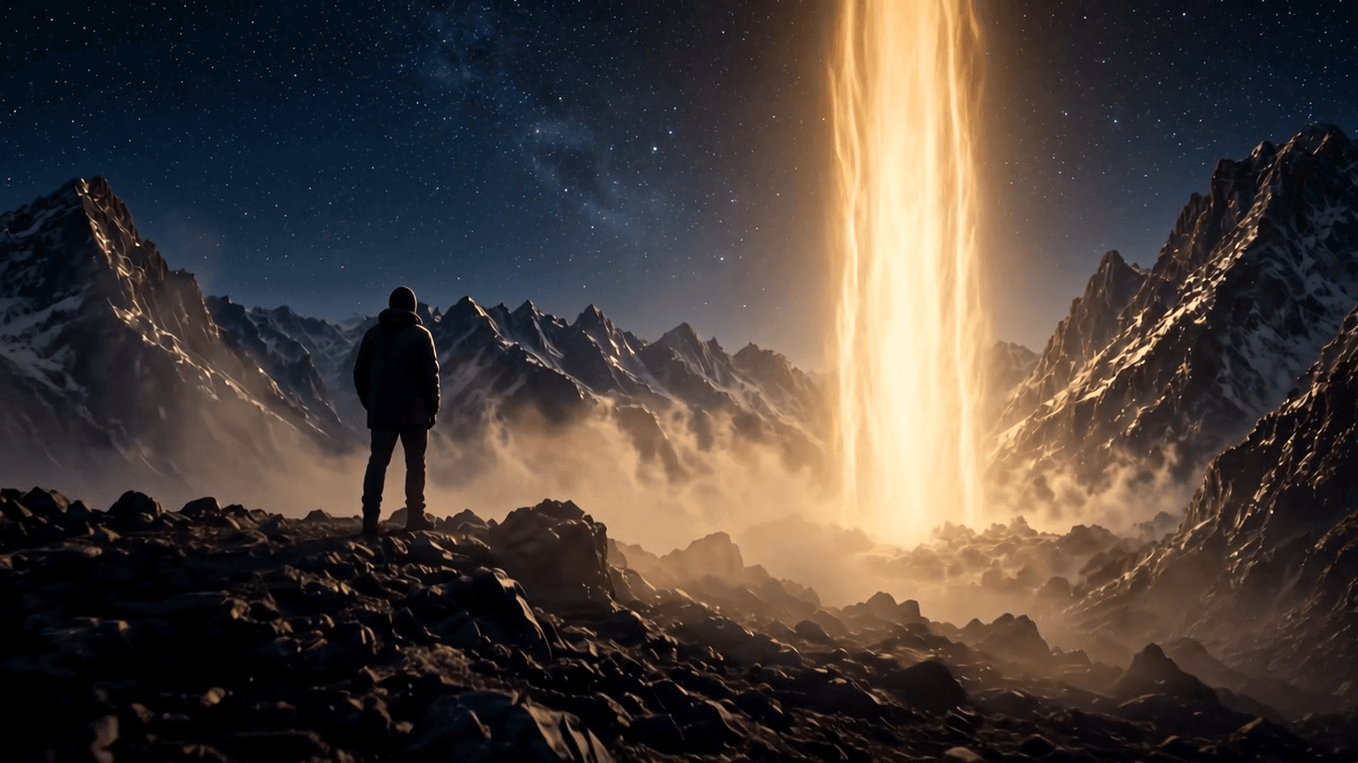 A lone figure standing on a mountain ridge beside a vertical beam of light.